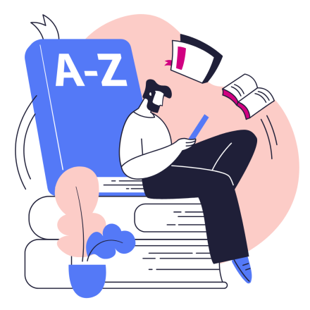 Illustration of a person reading on a book titled 'A-Z'.