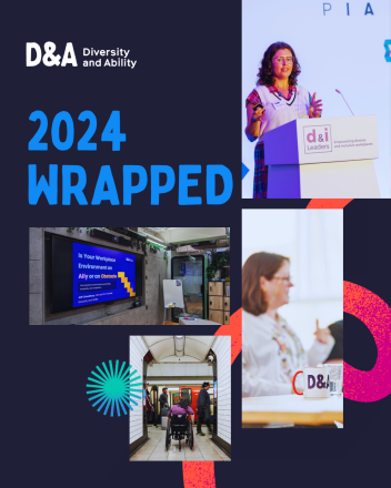 Text reads '2024 wrapped'. There is a collage for differenet images from events D&A attended throughout the year. A slideshow at a conference. Ellie Thompson on stage presenting. A D&A mug with Maya talking in the background. Rox at a busy tube station. 