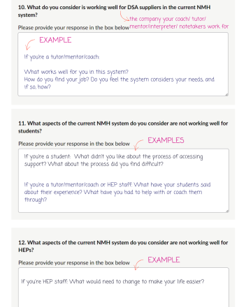Department for Education online survey questions (10-12) with annotations. 