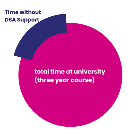 A pie chart. One fifth of the pie chart represents the time spent at university (three year course) without DSA support.