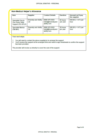 An example of a DSA2 letter with a yellow ring highlighting the non-medical helper allowance section. 