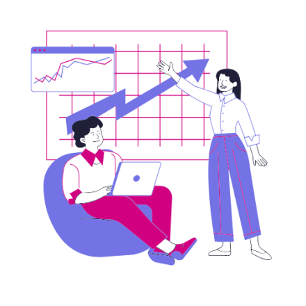 An illustration of two people at work discussing strategy.