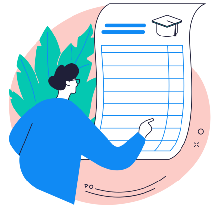 An illustration of a person filling a form out with a graduation cap at the top.