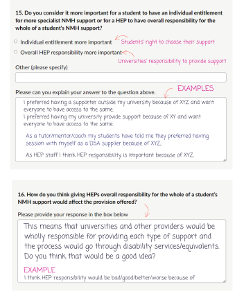 Department for Education online survey questions (15-16) with annotations. 