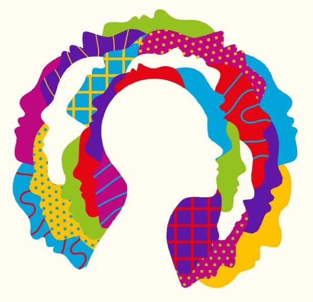 A graphic illustration shows multiple facial profiles with a rainbow of colours and patterns. 