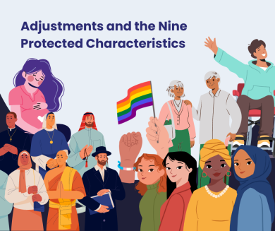 Text reads 'Adjustments and the nine protected characteristics'. Underneath there are illustrations broadly representing each characteristics. For example a pregnant woman, people dressed in different religious dress, hands holding a pride flag and wearing a trans pride bracelet, a wheelchair user, women of different ethnicities, and a married older couple.
