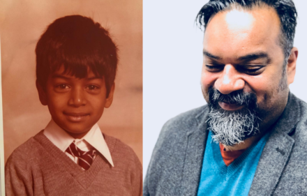 Two pictures of Atif, on the left as a child, on the right as an adult