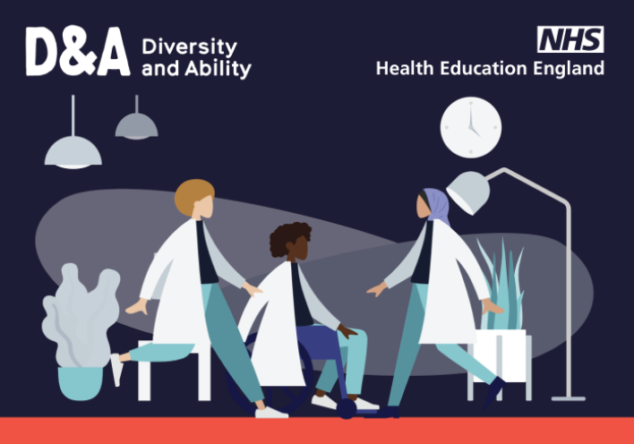 Logos read Diversity and Ability and Health Education England. Below is a graphic illustration of three people, all wearing white labcoats in a hospital waiting room. Two are walking towards each other, and the third is in the centre sat in a wheelchair.