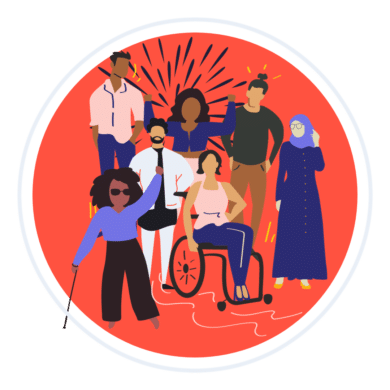 An illustration of a group of people, standing together. Many of them are raising their arms in celebration. They represent a diverse range of disabilities, ages, genders, races and faiths.