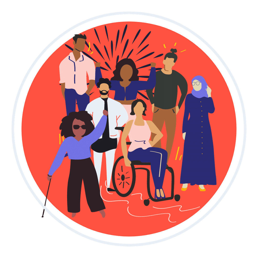 An illustration of a group of people, standing together. Many of them are raising their arms in celebration. They represent a diverse range of disabilities, ages, genders, races and faiths.