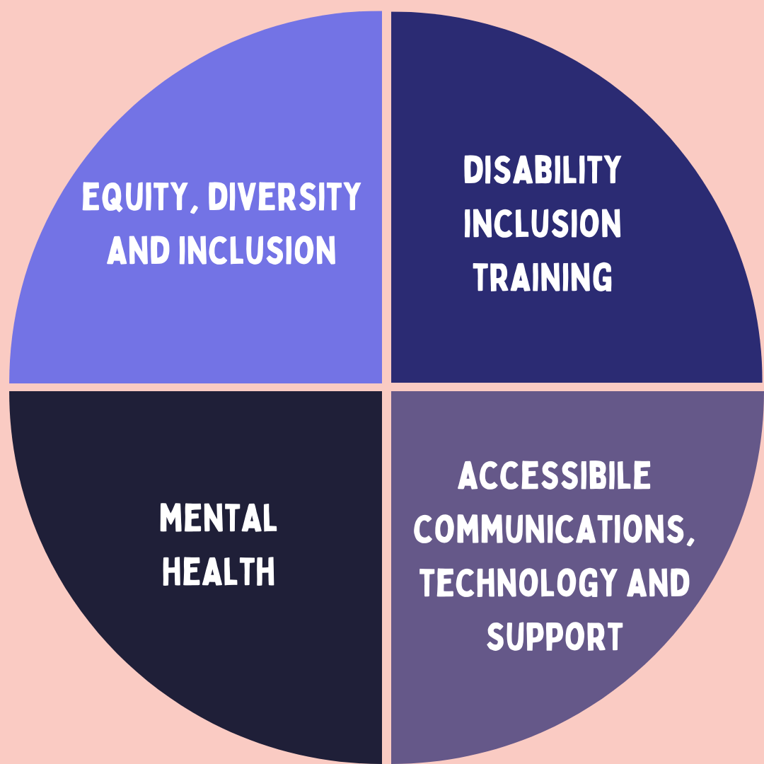 4 equal segments arranged in a circle. The top right reads equity, diversity and inclusion. The top left reads disability inclusion training. The bottom left reads mental health. The bottom right reads accessible communications, technology and support.