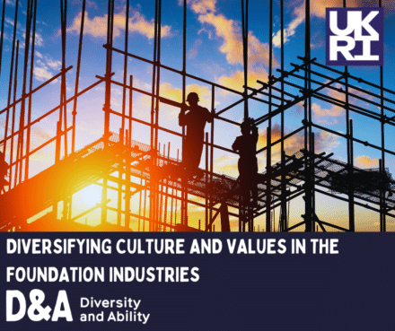 An image of construction workers against a sunset. In the corner the UKRI logo and underneath the image text reads Diversifying culture and values in the foundation industries. Underneath there is the diversity and ability logo.