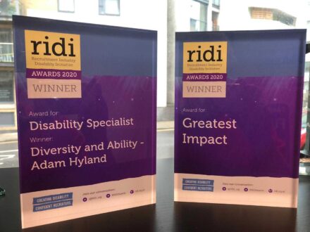 Photo of the two awards sitting on a shelf in the D&A office.