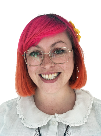 A profile photograph shows Maya, a white woman with pink and orange dyed hair with small yellow flower clips in. She is smiling at the camera.