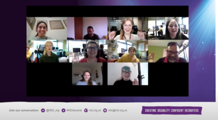 Screenshot of members of the D&A Team celebrating their win in a Zoom meeting, they are smiling and raising their arms in celebration. 