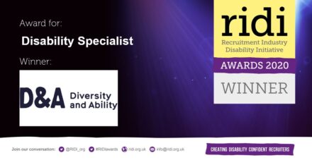 Award logo, which reads Award for Disability Specialist, Winner: D&A (Diversity and Ability) RIDI Awards 2020 Winner!