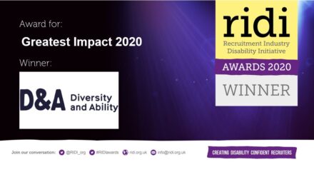 Award logo: Winner of Greatest Impact 2020, D&A (Diversity and Ability). RIDI Awards 2020 WINNER!