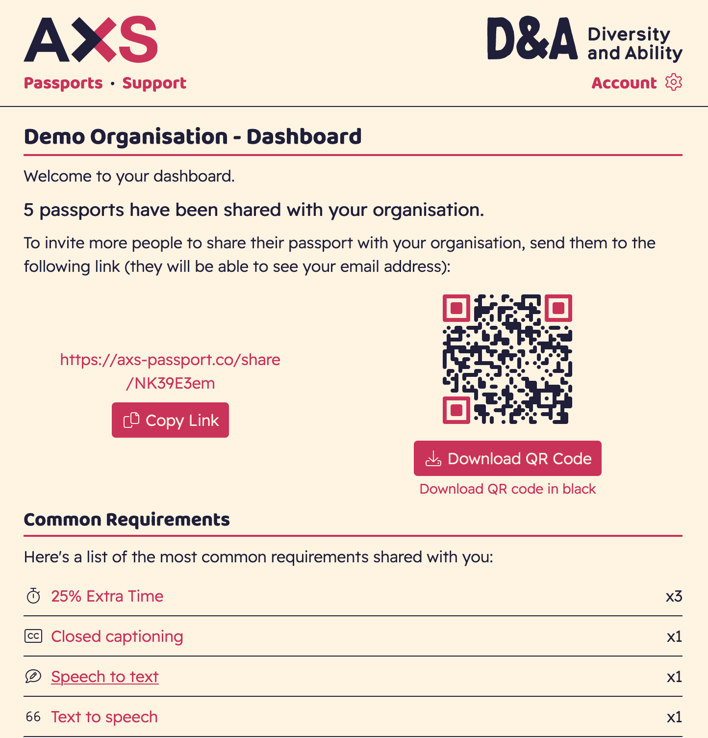 A screenshot of the AXS Passport website, showing the dashboard for a demo organisation's view of the site. On the page is a share link and QR code to share passports with the organisation, information about how many people have shared their passport with the organisation, and which requirements those people have.