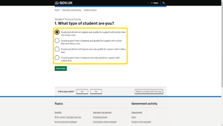 A screesnshot of the DSA access process, where a page is titled 'what type of student are you?' and the multiple choice options are highlighted in a yellow box
