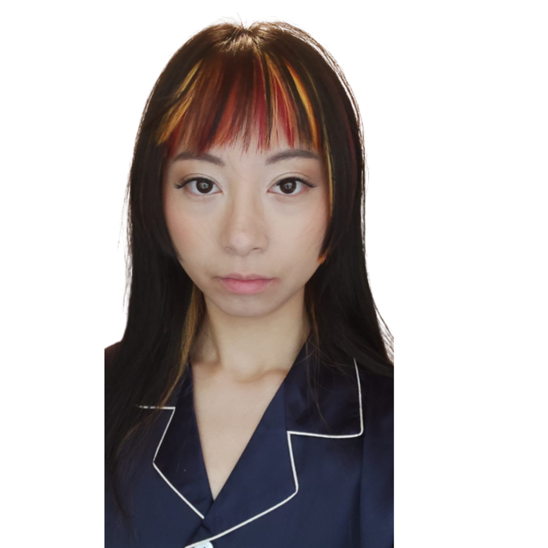 A photo of an Chinese female-presenting person with long black hair and a dyed fringe, who is smiling at the camera.