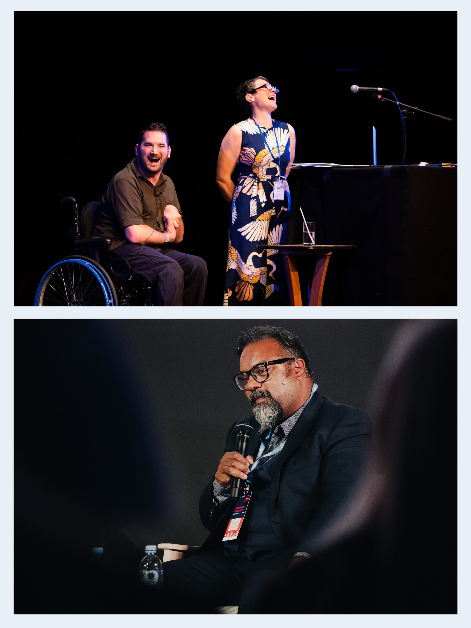 Two separate images. In the top photo, Adam, a white man with dark brown hair, who is a wheelchair user, and Emma, a white woman with dark brown hair, are on stage at a conference behind a lecturn. They are both laughing and smiling widely. In the bottom photo, Atif, a brown man with dark hair, glasses and a grey beard, is sat speaking into a microphone and smiling slightly as he speaks.