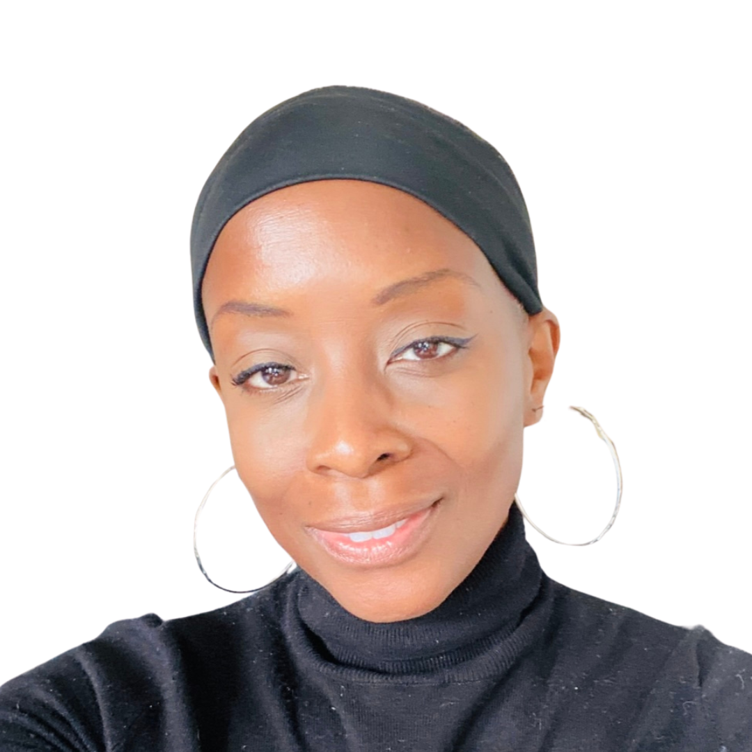 Victoria, a black woman, wears a black headscarf and black turtle neck with silver hoop earrings and smiles at the camera.