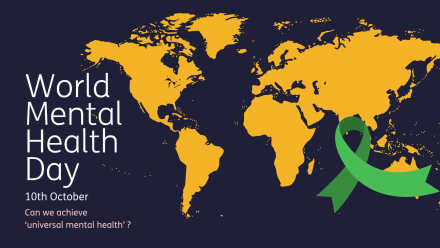 On the left text reads ' World Mental Health Day, 10th October, Can we achieve 'universal mental health'? On the Right there is a map of the world and the mental health awareness ribbon.