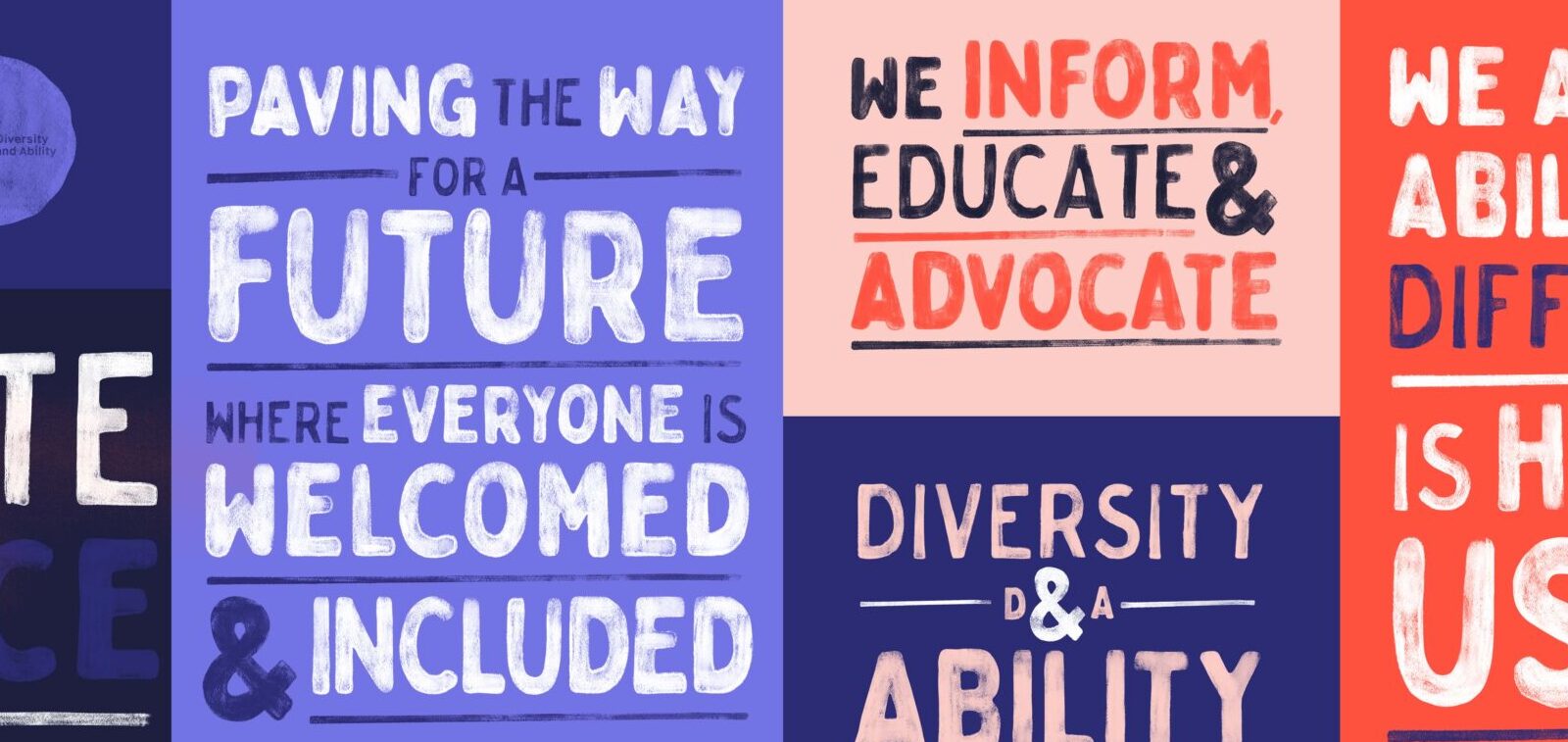 Diversity and Ability footer icons, showing d and a logo and slogan, 'we inform, educate and advocate'.